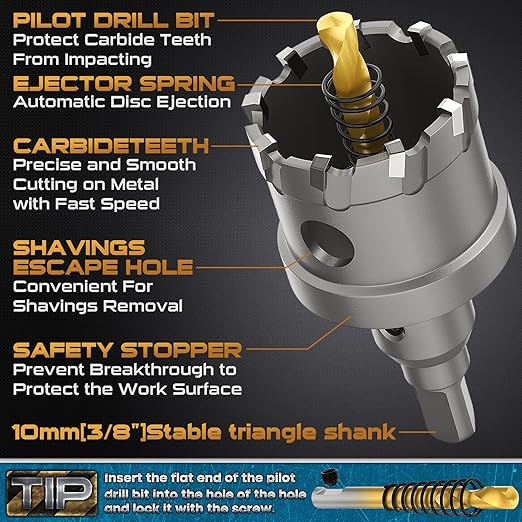 DAIMIT Hole Saw for Metal - Tungsten Carbide Tipped 1-1/2" Inch(38mm) Hole Cutter with Pilot Drill Bits for Stainless Steel, Iron, Copper, Brass - Heave Duty Hole Saw for High Precision Cutting