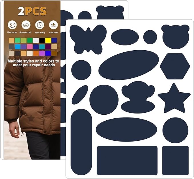 Azobur Down Jacket Repair Patches-Waterproof, Self-Adhesive,Nylon Fabric Patches for Puffy Jackets, Rain and Snow Gear, Tents, Sleeping Bag and More(Navy Blue，2pcs)