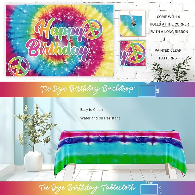 Tie Dye Birthday Party Decorations – 112PCs Rainbow Tie Dye Themed Party - Image 5