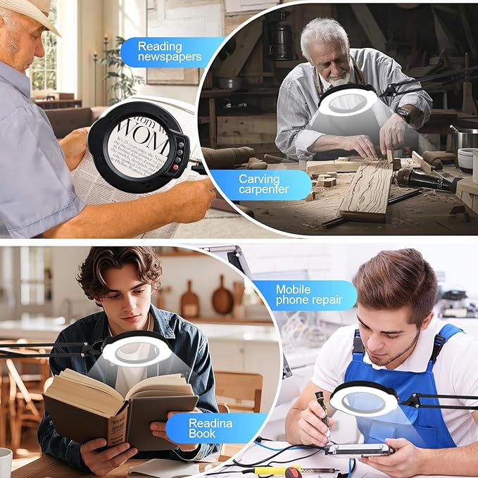 2-in-1 Desk Lamp & Clamp Light, 10X Magnifying Glass with Light and Stand, 5 Color Modes 10 Brightness Dimmable LED Desk Lamp,14.5inch Adjustable Swing Arm for Reading Crafts Painting Close (Black)