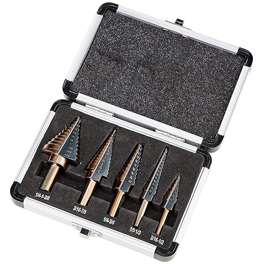 Zhushan 5pcs Step Drill Bit Set,High Speed Step Drill Bit, HSS Cobalt Multiple Hole 50 Sizes Titanium Step Drill Bit with Aluminum Case
