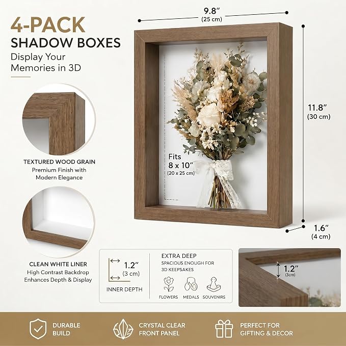 4 Pack 8x10Shadow Box Frame Set, Deep Wood Display Case - Image 2