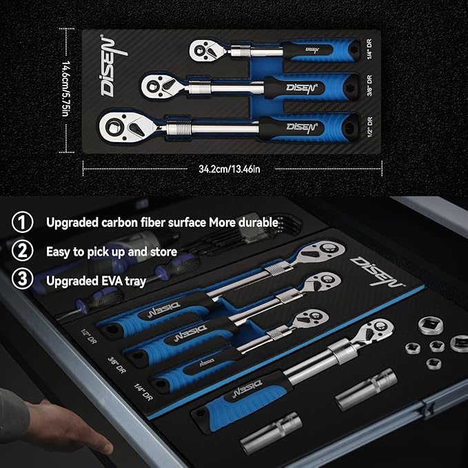 DISEN 3PCS Extendable Ratchet Wrench Set,1/4" 3/8" 1/2" Drive 72-Tooth, Quick-Release, Reversible Drive Socket Wrenches,Soft Grip Handle with Storage Tray