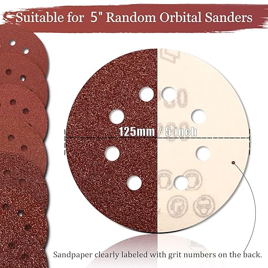 100 PCS 80 Grit 5 Inch Sanding Discs, Hook and Loop Sandpaper for Random Orbital Sander