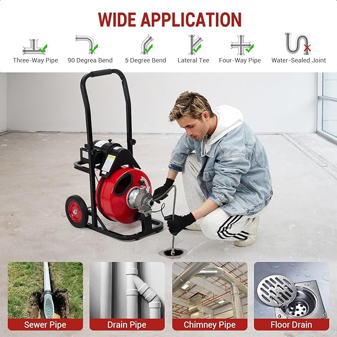 Auto Feed 75 FT x 3/8 Inch Drain Cleaner Machine with 200W Motor, Portable Sewer Snake Auger with 8 Cutters & Air-activated Foot Switch, Fits 1" to 4" Pipes, Black & Red