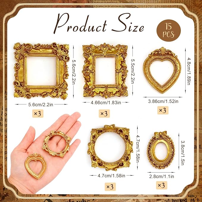 15 PCS Mini Vintage Frames, Tiny Resin Antique Frames, Small Gold picture photo - Image 2