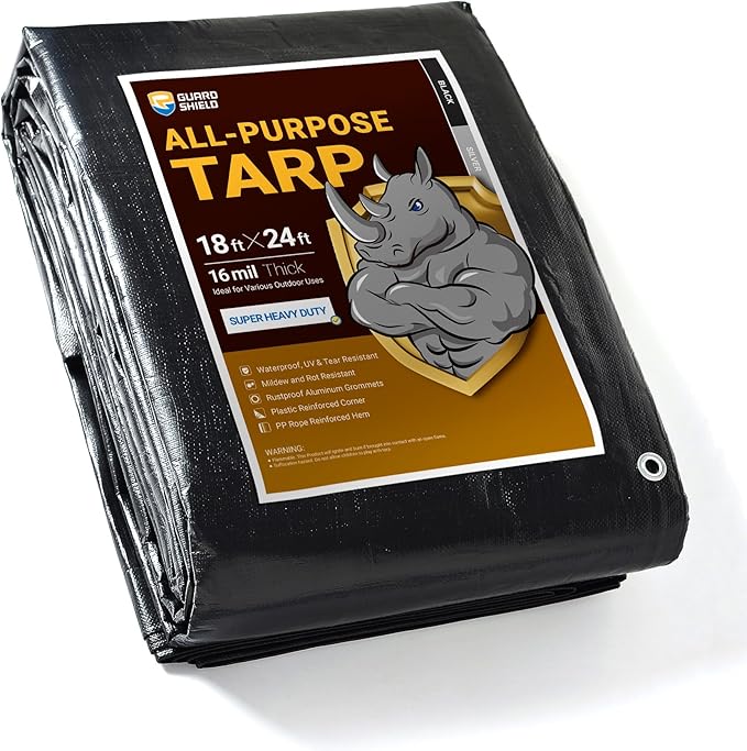 GUARD SHIELD Super Heavy Duty Black/Silver Ploy Tarp Cover 18x24 Feet Waterproof Tarps 16mil Thick UV and Tear Resistant Tarpualin