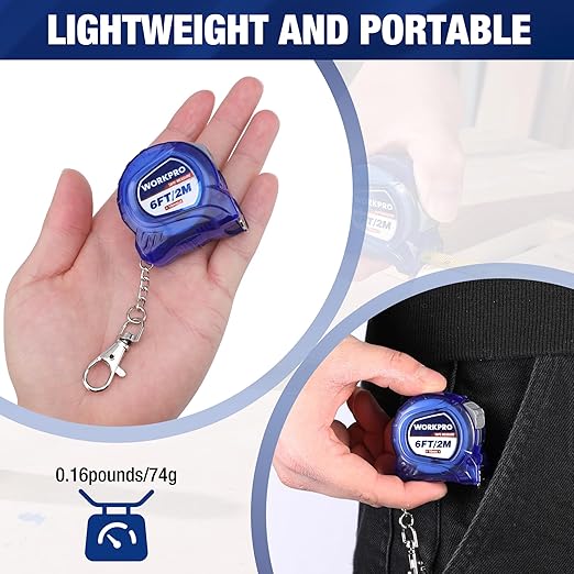 WORKPRO Mini Tape Measure, 2 Pcs 6FT Retractable Easy Reading Keychain Tape Measurement, Inch/Metric Scale Pocket Size Small Tape Measure for Engineer, Portable, ABS Protective Casing, Blue