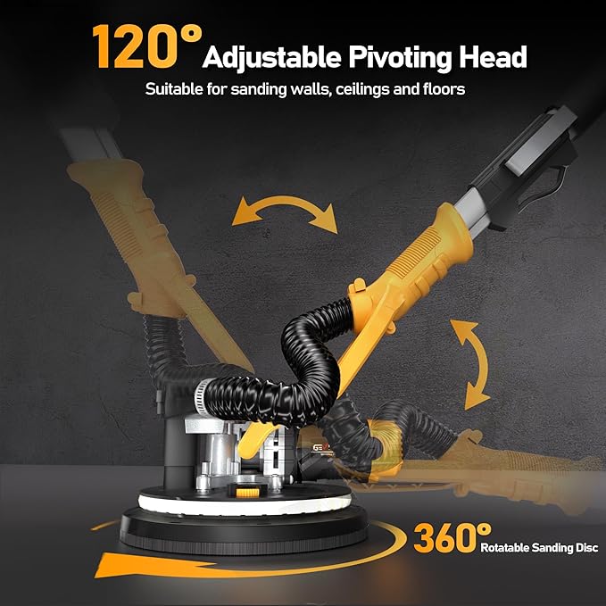 Drywall Sander, 880W 7.33A Electric Drywall Sander with Vacuum Dust Collector, 5 Variable Speed 1000-2100RPM, LED Light, Foldable & Extendable Handle, 12 Sanding Discs