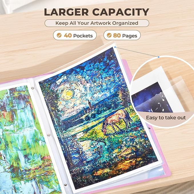 JoyCat 11 x 17 Art Portfolio Binder, 40 Acid-Free Clear Pockets Art Folder - Image 3