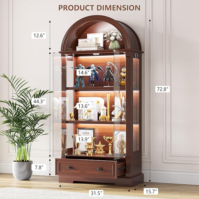 Dystler Curio Cabinet with Glass Doors & LED Lights | 72" Tall, Arched Display - Image 2