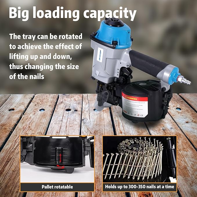 BHTOP CN55N Pneumatic Nail Gun, 15 Degree Professional Coil Nailer, 1 Inch to 2-1/4 inch Coil Pallet Nail Gun, 350-pcs Load Capacity Pallet Nailer Blue