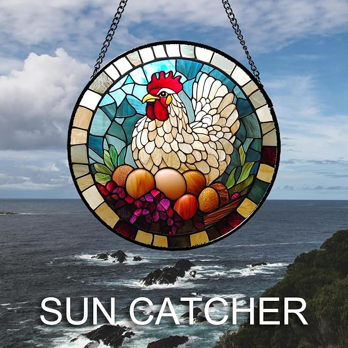 DASTOLL Stained Glass Window Hanging White Chicken Hatching Eggs 6.3" - Image 3