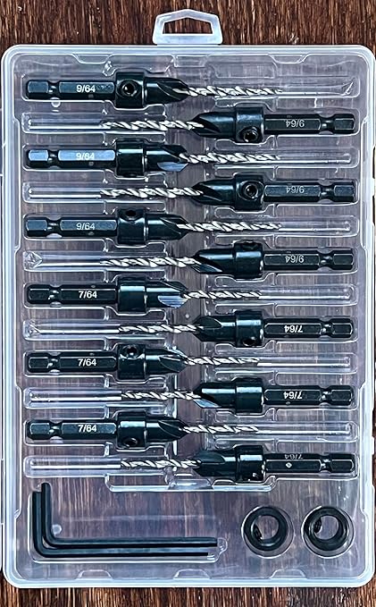 FTG USA Countersink Drill Bit Set 6 Pc #4 (7/64"), 6 Pc #6 (9/64") Tapered Countersink Bit, Stop Collar, Hex Wrench, Woodworking Countersink Drill Bits