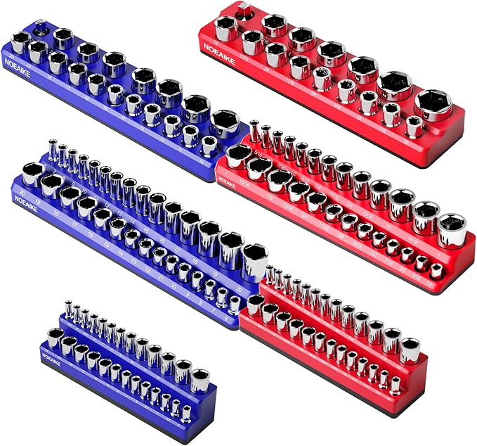 Socket Organizer Magnetic Socket Tray,NOEAIKE 6-Pack SAE & Metric 1/2,3/8,1/4 Inch Drive Socket Holder,Holds 141 Standard/Deep Sockets,Blue and Red Magnetic Socket Organizers(Sockets Not Included)
