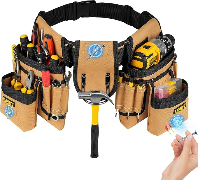 Tool Belt,Magnetic Tool Pouch,27-Pockets Heavy Duty Padded Tool Belts for Men,Detachable & Adjustable Tool Pouch Bag for Electrician,Carpenter,Construction,Work Apron,Utility Belt,Black,Brown