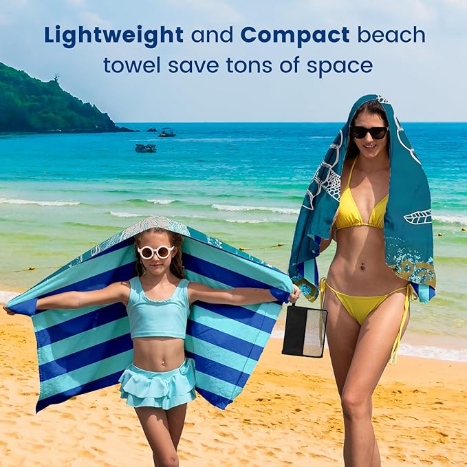 2 Pack Microfiber Beach Towel Oversized 71"x32" Sand Free Quick Dry Absorbent Lightweight Thin , Compact Towels for Travel Swimming Pool Yoga Gym Camping Beach Accessories Vacation Essentials Gift