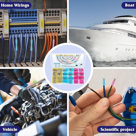 250PCS Heat Shrink Wire Connectors,Electrical Terminals Kit,Waterproof,Automotive Marine Electrical Terminals Kit,Ring Fork Hook Spade Butt Splices,Tinned Red Copper,12-10,16-14,22-16 (250PCS)