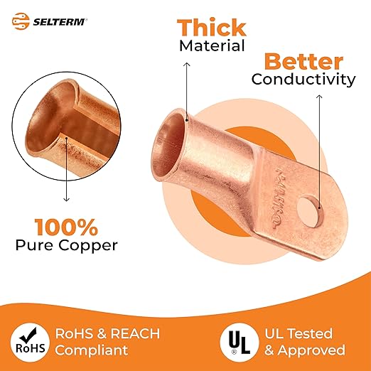 SELTERM 5pcs 4/0 AWG 5/16" Stud Copper Wire Lugs, Battery Lugs, Ring Terminals, Battery Cable Ends, 0000 Gauge Ring Terminal Connectors, UL Heavy Duty Bare Copper Eyelets Battery Terminal Connectors