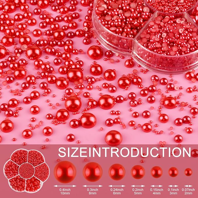 NACHLYNN 6480 Pcs Flat Back Pearl 7 Sizes Red Half Round Beads - Image 2