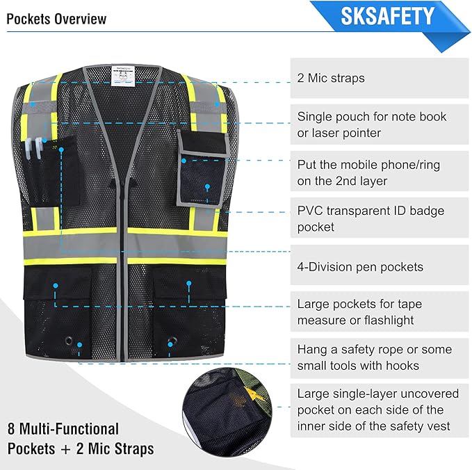 SKSAFETY 10 Pockets Safety Vest, Class 2 High Visibility Security with Zipper Double-sided mesh, Hi Vis Vest with Reflective Strips, ANSI/ISEA Standard, Construction Work Vest （Black, XL）