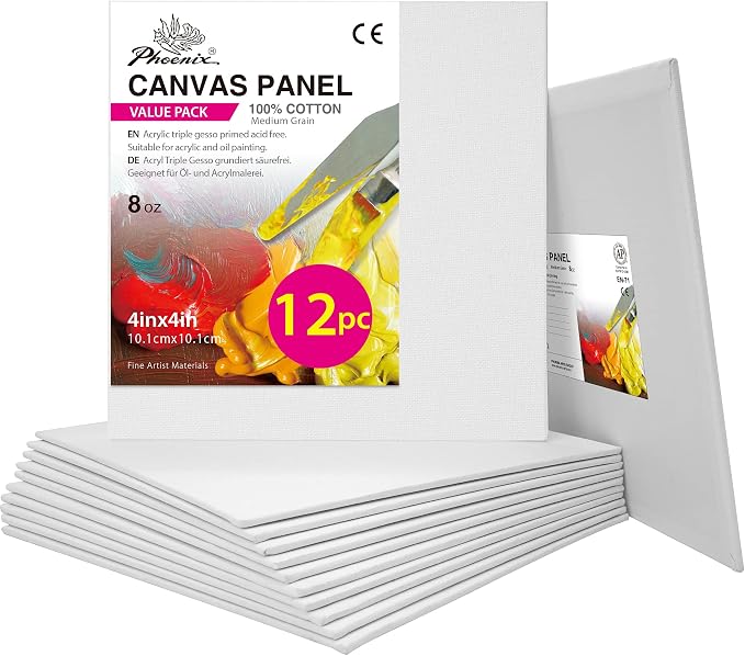 PHOENIX Small Painting Canvas Panels 4x4 Inch, 12 Value Pack - 8 Oz Triple by PHOENIX