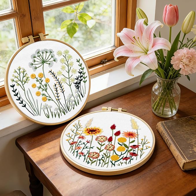 ERKOON Embroidery Kit for Beginners Adult, 2 Set Flower Cross Stitch Set - Image 2