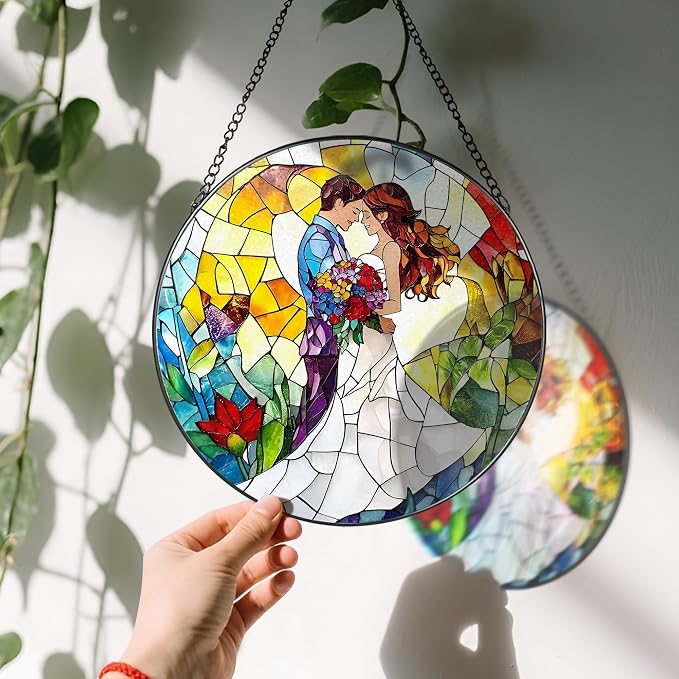 8'' Romantic Couple Wedding Sun Catcher Ornament, Stained Glass Window Hanging - Image 3