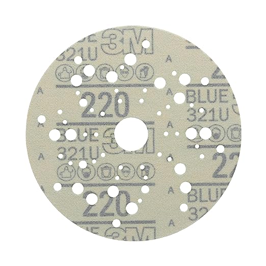 3M Hookit Blue Abrasive Discs 36162, Multi-Hole, 5 in, 220+ Grade, Pack of 50, Virtually Dust-Free, for Auto Sanding, Body Repair, Featheredging, Primer Sanding, Paint Preparation, E-Coat Sanding