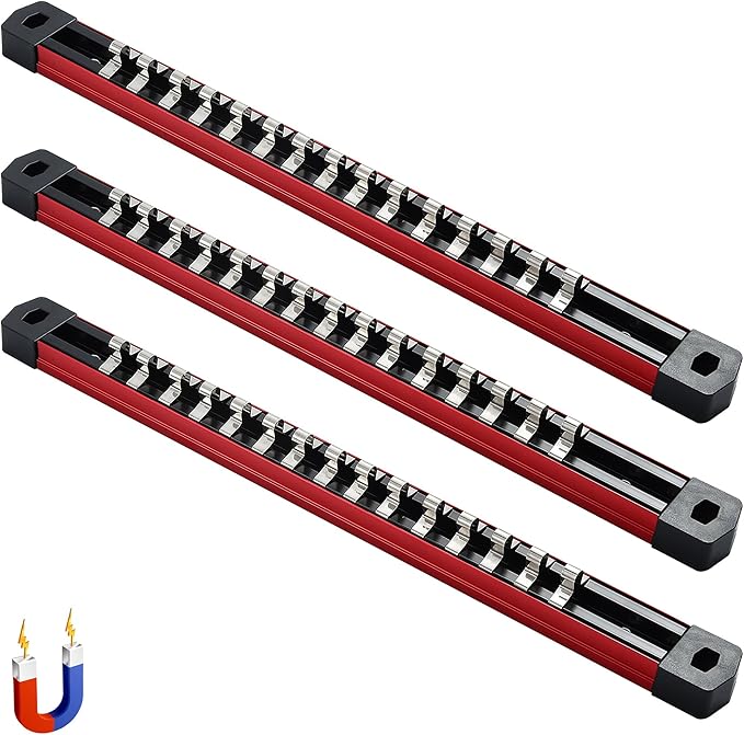 ALOANES 3-Piece Magnetic Socket Organizer, Heavy Duty Aluminum Socket Rails Organizer, Socket Rail Holder for Tool Box, 1/4-Inch Socket Holder x 45 Stainless Clips (Red)