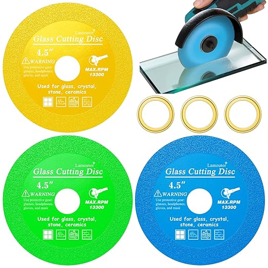 Lamoutor 3Pcs 4.5 Inch Glass Cutting Disc for Angle Grinder, Diamond Saw Blade, Tile Cutter Blade for Cutting Marble Glass Tile Jade Crystal（Green/Blue/Yellow）