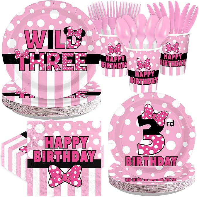 168Pcs Pink Mouse 3rd Birthday Decorations, Serves 24 | Wild Three Birthday by Greencian