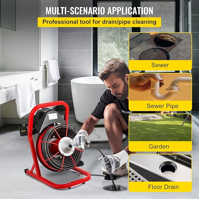 VEVOR 50FT x 1/2 Inch Drain Cleaning Machine, 250W Electric Drain Auger, Portable Sewer Snake Auger Cleaner with Cutters & Air-Activated Foot Switch for 1" to 4" Pipes, Black, Red