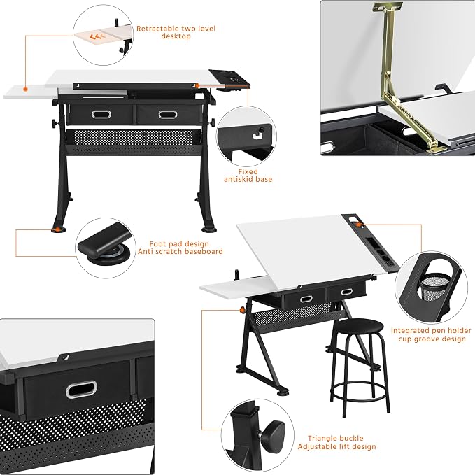 Yaheetech Adjustable Drafting Table Art Desk, Storage Drawers & Stool - Image 4