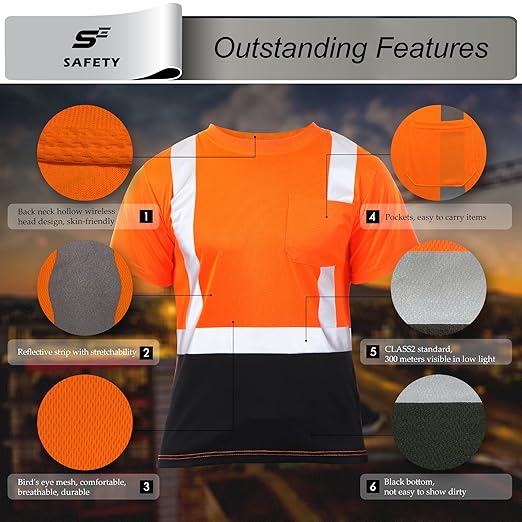 sesafety Hi Visibility Shirts for Men, Safety Shirts with Reflective Strips Class 2, Hi Vis Construction Work Shirt with Pocket Orange 3XL