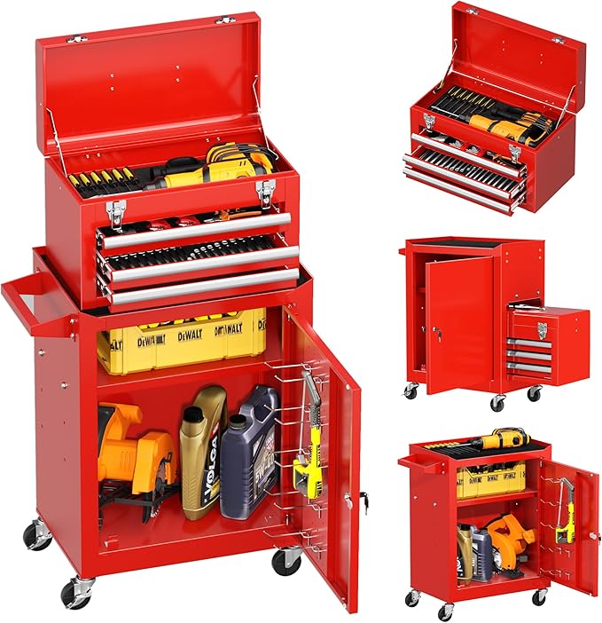INTERGREAT Tool Chest Cabinet, 3-Drawer Rolling Tool Chest with Detachable Top Tool Box, Tool Storage Cabinet with Universal Lockable Wheels, Metal Tool Cart for Garage, Workshop, Barbershop(Red)