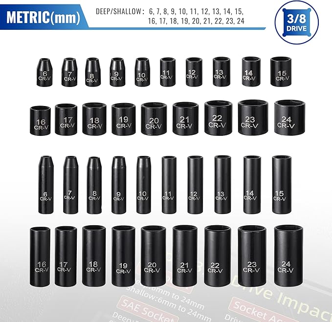 64-Piece 3/8" Drive Socket Set, SAE (5/16"-1") & Metric (6mm-24mm), Deep & Shallow, 72-Tooth Ratchet Wrench, Extension Bars, 1/2" F to 3/8" M Reducer, Universal Joint & Power Drill Adapter