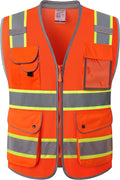 JKSafety 9 Pockets Hi-Vis Safety Vest Breathable Mesh Fabric Cushioned Collar Work Utility PPE Lightweight Industrial Work Gear ANSI/ISEA compliant (101-Orange XL)