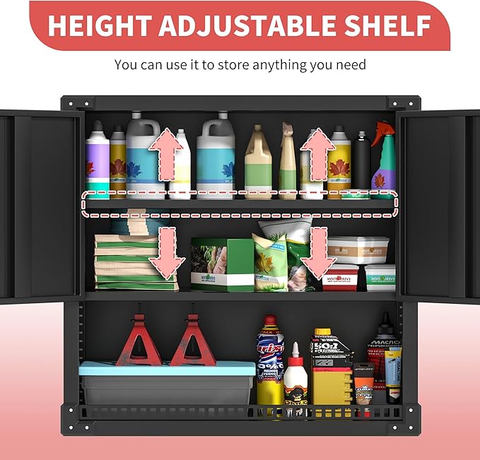 Garage Wall Cabinet Metal Storage Cabinet with Lock Wall Mounted Heavy Duty Steel Tool Cabinet with Door and Shelf Hanging Cabinet for Garage Warehouse Bathroom Kitchen,Assembly Required