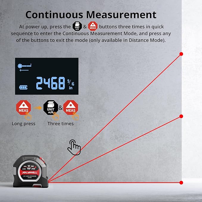 2-in-1 Laser Tape Measure, 152Ft Rechargeable Laser Measurement Tool & 16Ft Self-Locking Tape, Movable Magnetic Hook, Supports Ft/in/M, Area, Volume, Pythagoras for Construction, DIY, Woodworking
