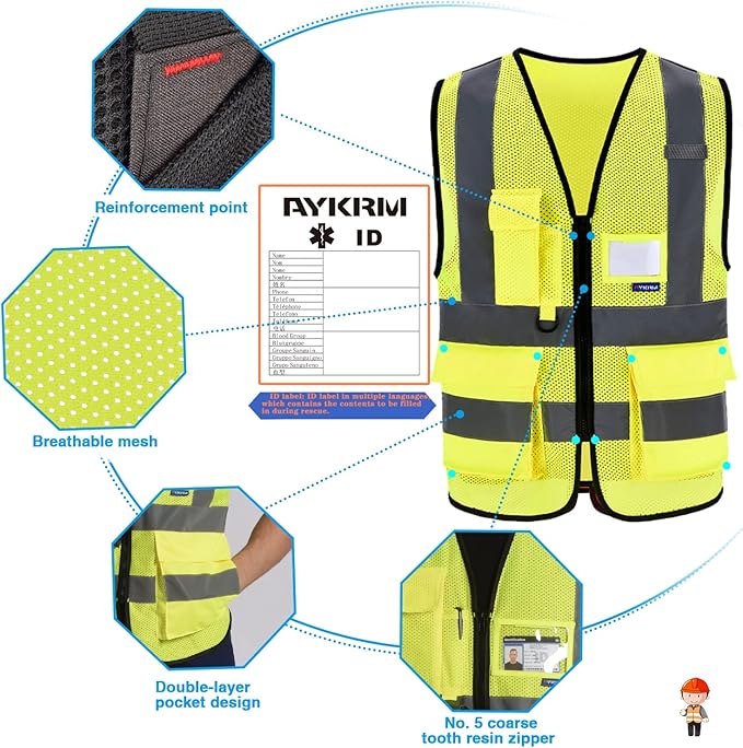 X Small High Visibility Mesh Safety Reflective Vest with Pockets and Zipper