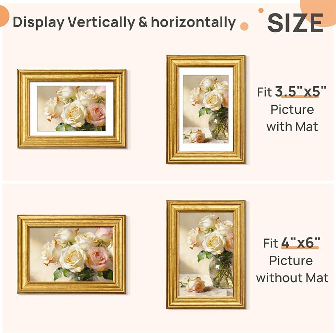 upsimples Vintage 4x6 Picture Frame, Antique Gold Frames Display 3.5x5 - Image 2
