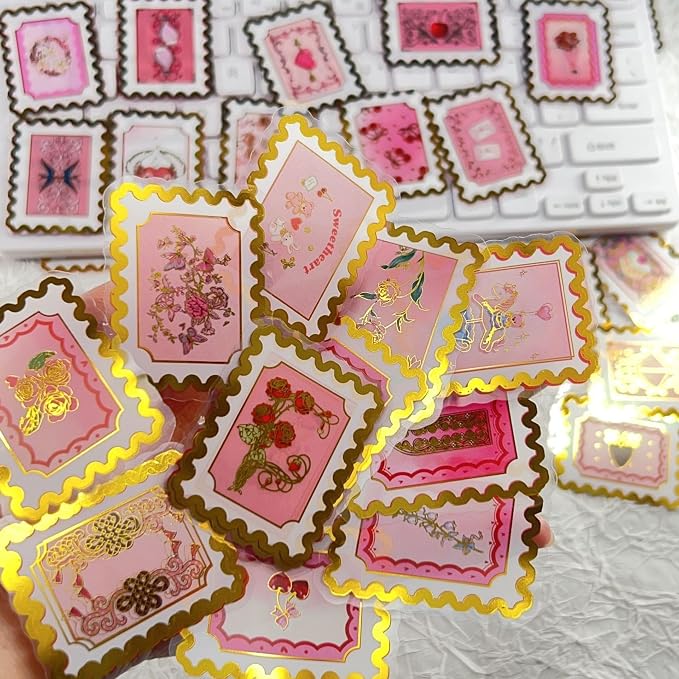 50 PCS Cartoon love stamps Stickers Aesthetic PET Stickers Gold Stamp Decal - Image 8