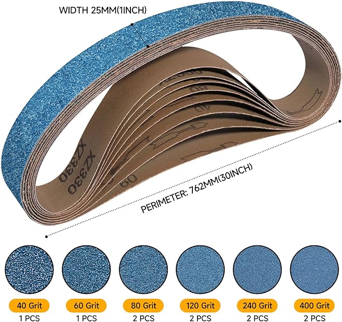10-Piece 1 x 30 Inch 40-400 Grit Zirconia Sanding Belts, Heavy Duty Long-lasting Sanding Bands for Belt Sander, Rust Paint Removal, Wood Metal Grinding and Finishing