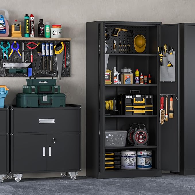 Big Metal Garage Storage Cabinet with Locking Doors, Lockable Heavy Duty Metal Tool Cabinet with Pegboard, Metal Utility Cabinet for Home, Office, Garage and Workshop, Black