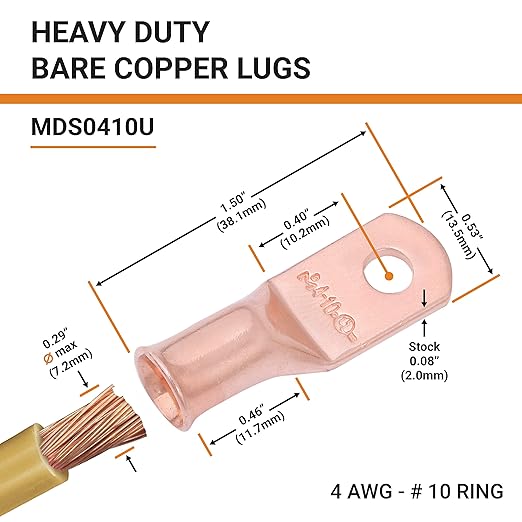 SELTERM 25pcs 4 AWG #10 Stud Battery Lugs, Ring Terminals, Heavy Duty Copper Wire Lugs, Battery Cable Ends, 4 Guage Ring Terminal Connectors, UL Bare Copper Eyelets Electrical Battery Cable Lugs