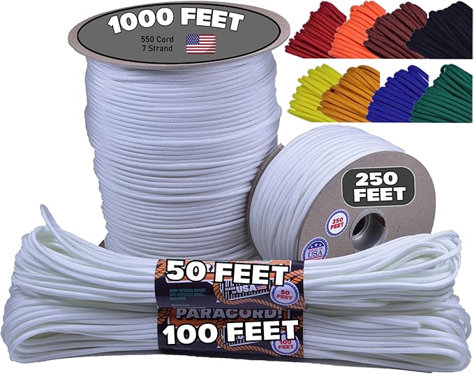 BORED? PARACORD! 550 lb Paracord - Ideal for Crafting, Camping, DIY Projects, Active & Military Outdoors - Strong Survival Rope - Tactical Parachute Cord Type III - White 1000 Feet