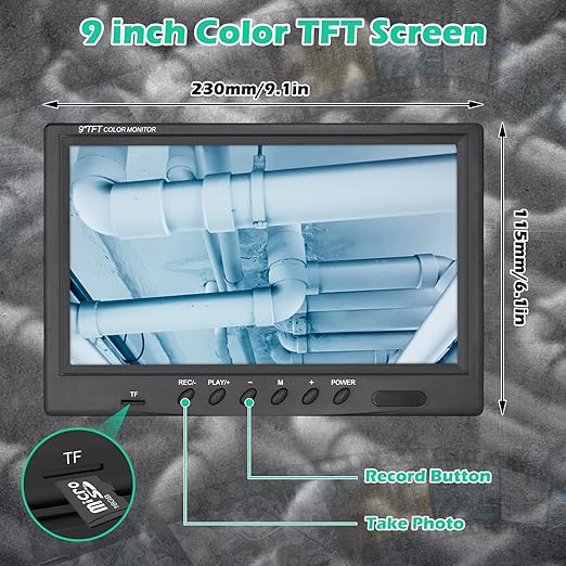 Sanyipace Sewer Camera 65FT/20M with DVR Recorder, Pipe Inspection Scope with Lights, IP68 Waterproof Camera Probe, 9" Color Screen, 16GB TF Card, Guide Wheel