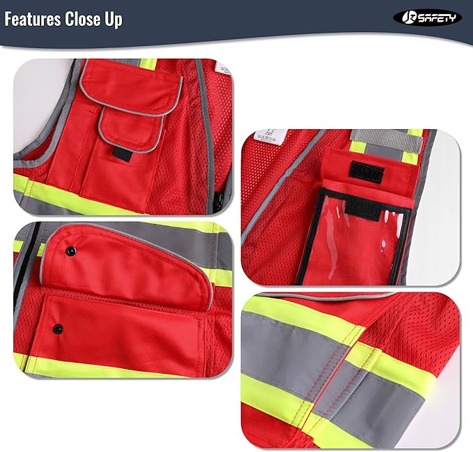 JKSafety 11 Pockets Hi-Vis Black Mesh Safety Vest for Men Women High Visibility Reflective Construction with Zipper Work Utility PPE Work Gear ANSI/ISEA compliant (102-Red 3XL)