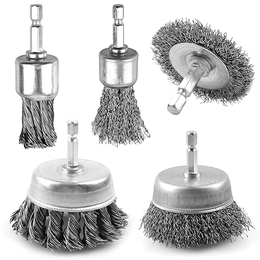 5 Pcs Drill Wire Brush Set, Heavy Duty Wire Brush Wheel for Drill, 1/4'' Hex Shank Wire Brush Drill Attachments Coarse Carbon Steel Crimped, Great for Cleaning Rust, Paint, Abrasive